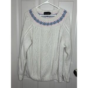 Vtg  L Hunters Glen Hand Knit Fair Isle Cable Knit Crewneck Sweater Cream Pastel